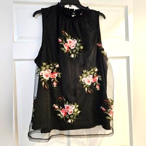 Floral Embroidered Black Sleeveless Top